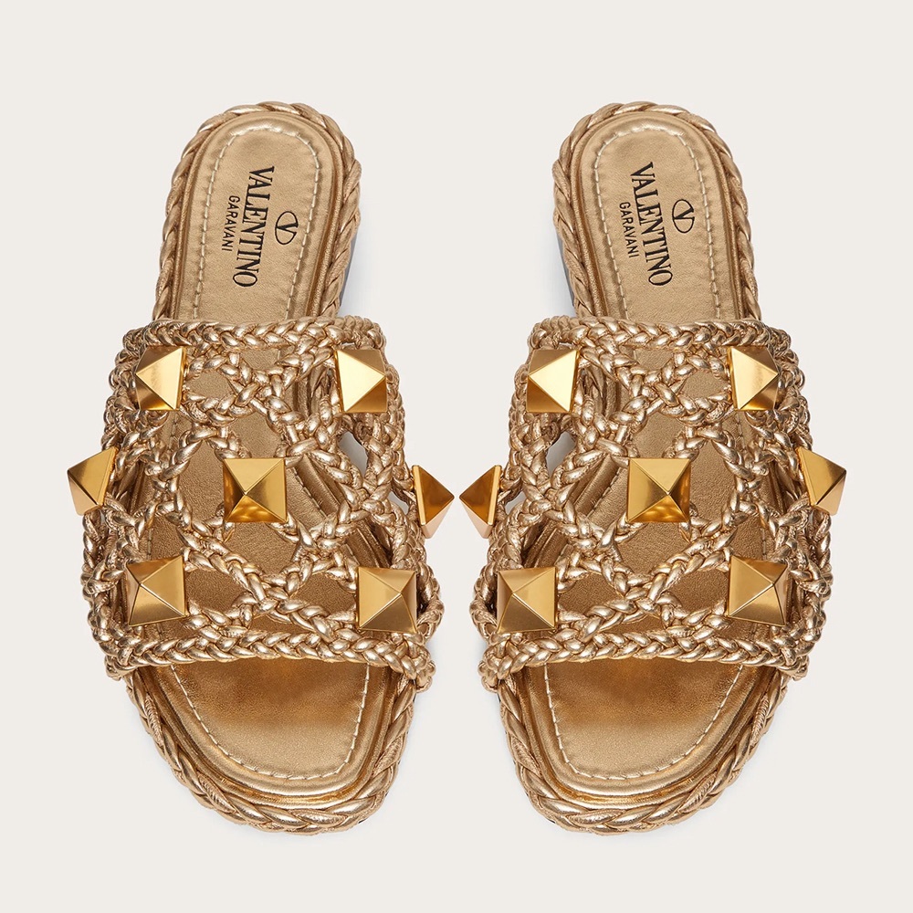 100% Auth Valentino Gold Roman Stud Rockstud Braided Leather Sandals 38 8